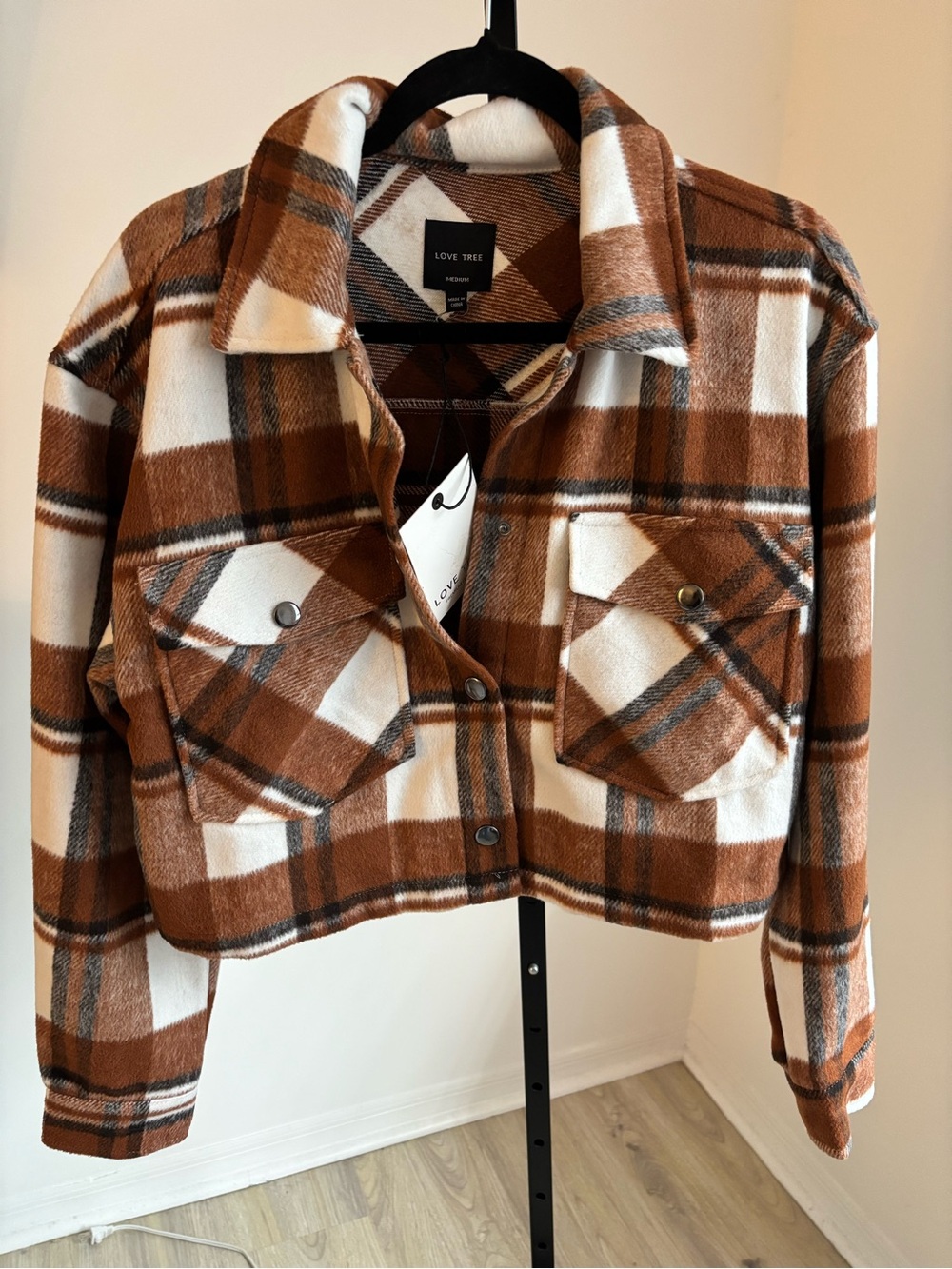 Love Tree Brown and Cream Plaid Cropped Teddy Jacket